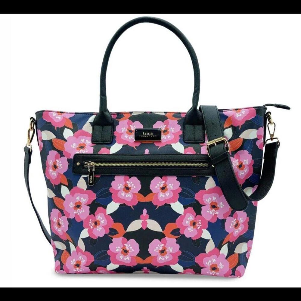 Trina Turk Floral Tote Large Vegan Leather Pink & Black NEW w/ TAGS (MSRP $$148)